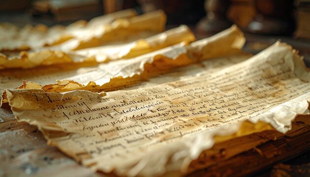 A Close-Up View of Fragile Medieval Parchment Pieces Covered in Ancient Latin Script