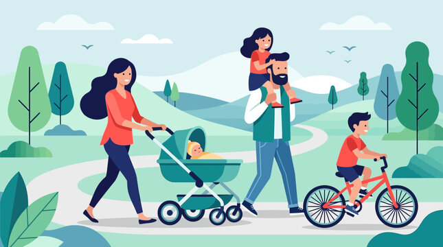 Happy Family with Children Walking in Nature Park Flat Vector Illustration; Healthy Lifestyle, Parenting, and Outdoor Recreation Concept