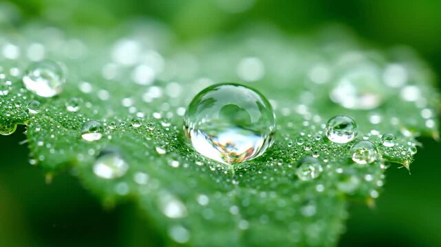 Macro shot of dew drops on a green leaf surface.