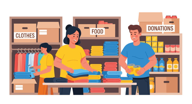 Volunteers sorting donations for charity organization.