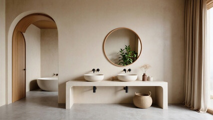Contemporary beige bathroom with stone console vanity and archway interior design bathroom © Sabbir Digital