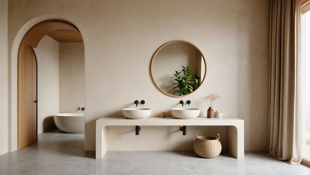 Contemporary beige bathroom with stone console vanity and archway interior design bathroom