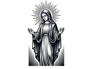Fototapeta premium Virgin Mary Blessed Mother Engraved Woodcut Illustration - Christian Religious Icon Drawing of Our Lady of Grace with Halo