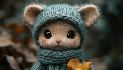 Fototapeta premium Adorable Handcrafted Tiny Hamster Doll Wearing Knitted Blue Winter Hat and Scarf in Autumn Woods. Cute Miniature Plush Hamster Toy with Realistic Fur and Knitted Outfits Surrounded by Fall Leaves