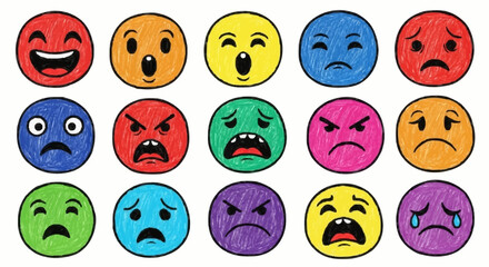 Fototapeta premium Round abstract comic Faces with various Emotions. Crayon drawing style. Different colorful characters. Cartoon style. Flat design. Hand drawn trendy Vector illustration