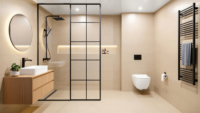Modern bathroom with rainfall showerhead floating vanity freestanding bathtub bathroom interior
