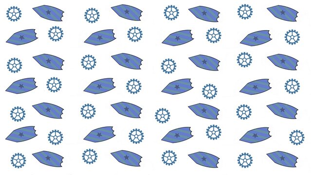 Blue jet aircraft pattern with mechanical gear pattern background with stars. Seamless vector illustration for industrial design.