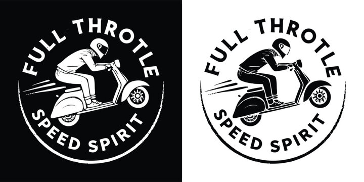 Vintage style logo design featuring a person riding a fast scooter with text elements that express a full throttle spirit