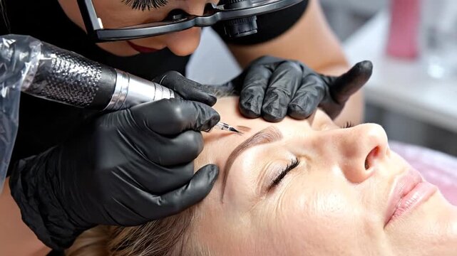 Woman getting eyebrow microblading treatment at a salon