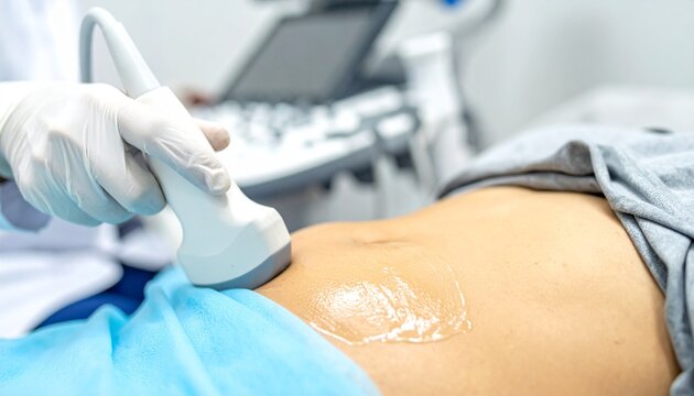 腹部の超音波エコーを受ける女性のお腹にクローズアップした写真