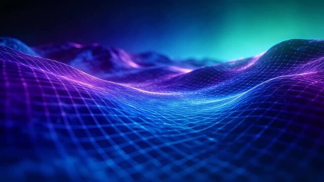 Futuristic wavy digital mesh grid with blue purple gradient background