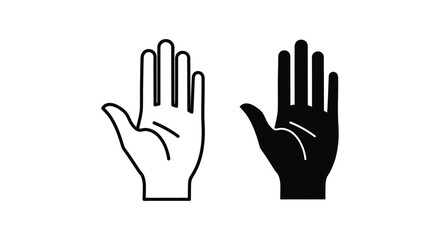 Fototapeta premium Minimalist black and white vector icons of an open human hand palm representing a stop gesture, greeting, or high five for web and mobile interface design.