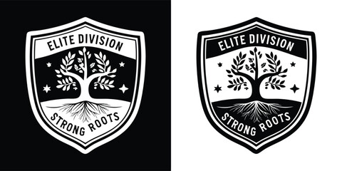 Naklejka premium Black and white vintage emblem shield featuring a stylized tree with strong roots for an elite division branding design project