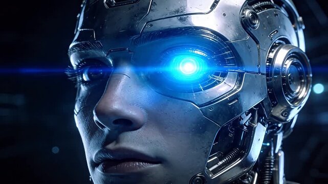 Sci-fi cyborg robot head with metal structure and glowing eyes