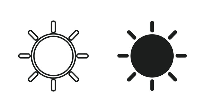 Minimalist sun icons in outline and solid styles designed for weather forecasting apps and screen brightness control interfaces in modern UI design