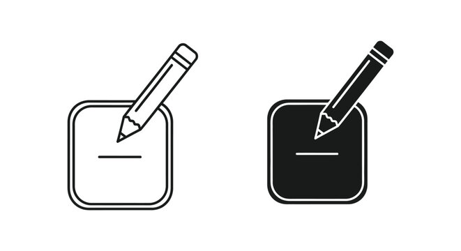 Set of minimalist edit and write icons featuring a pencil and note pad in outline and solid black styles for user interface design, digital documentation, and creative content creation.