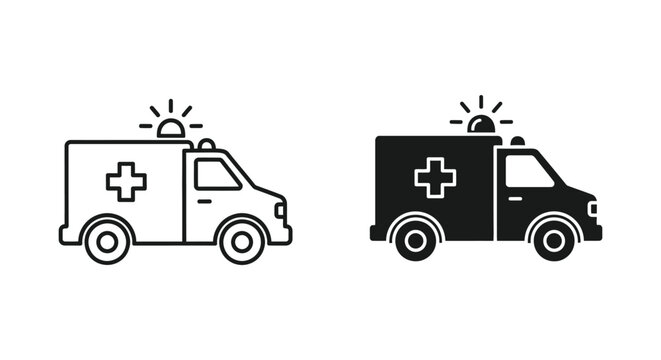 Set of minimalist ambulance vector icons in outline and solid silhouette styles for emergency medical services, healthcare apps, and first aid response design.