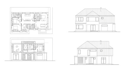 Fototapeta premium Complete House Floor Plan and Elevation Blueprint – Residential Architectural CAD Drawing Technical Line Art