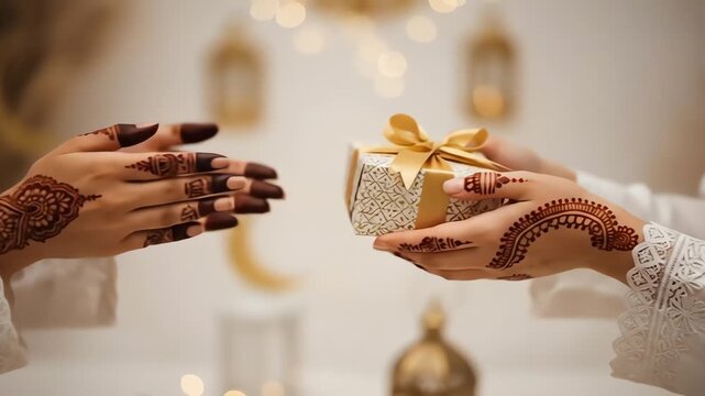 Close-up of two hands with intricate henna designs exchanging a small, golden gift box tied with a ribbon.