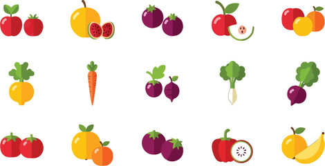 Obraz premium Assorted colorful fruits and vegetables illustrated in a simple cartoon style Vector