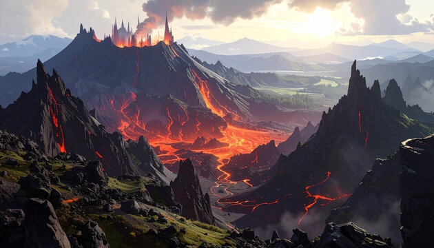 Fiery mountain landscape at sunset