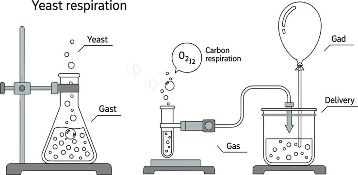 Yeast Respiration Experiment Illustration with Gas Production, Fermentation Process, Carbon Dioxide Collection and Biology Laboratory Setup