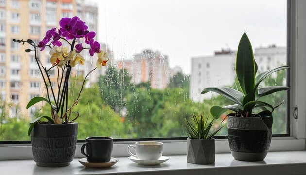 Flowers and coffee on a windowsill