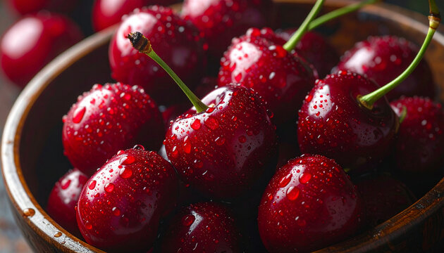 Fresh cherries in wooden bowl
