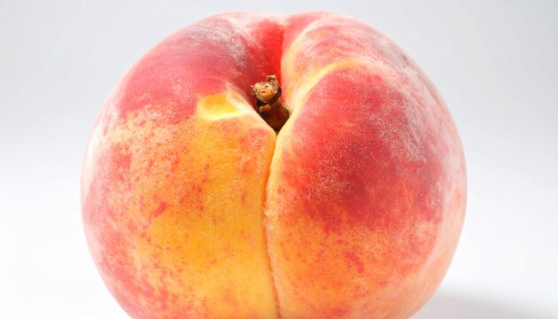 A ripe peach with a split skin sits on a plain surface
