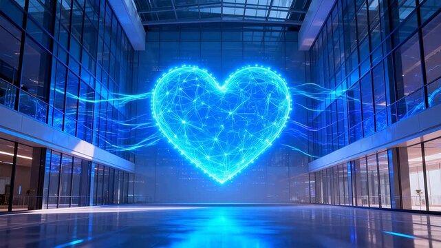Digital heart shape light installation in modern glass building lobby