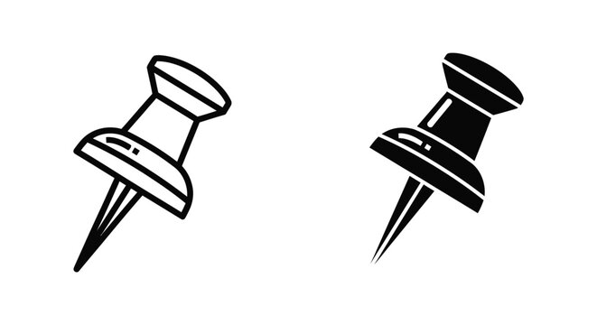 Minimalist push pin and thumbtack icons in outline and solid black styles for office organization, map marking, and note-taking reminders