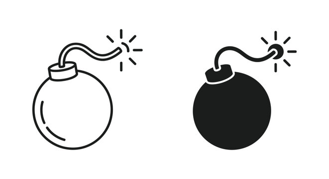 Minimalist bomb icons with burning fuses in outline and solid black styles, perfect for representing deadlines, danger, or explosive concepts in graphic design and user interfaces.