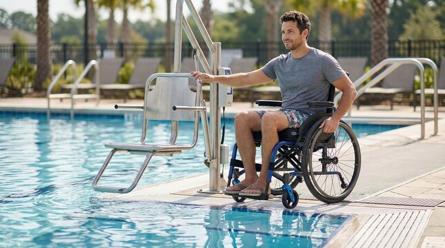 Man in wheelchair preparing to enter pool using a lift system  