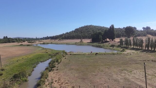 Clear blue sky above calm river flowing through open fields. Green hills rise gently behind water's edge and scattered trees. Brown grasses border the riverbank, with a fence marking the edge