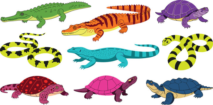 Colorful Vector Set of Reptiles Including Snakes, Alligators, Lizards, Turtles, and Other Exotic Creatures for Wildlife and Animal-Themed Designs