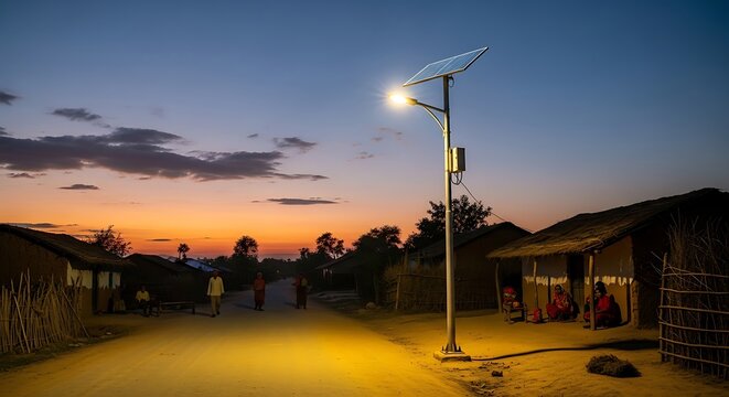 solar-powered street light casts a warm glow on a dirt road in a rural village as the sun sets, illuminating simple homes and pathways.