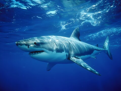 Great white shark swimming in the deep blue ocean water