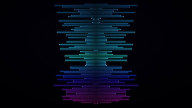 Symmetrical abstract design featuring a shimmering gradient of horizontal stripes, symbolizing technology, sound, and digital information flow, creating a modern artistic visualization