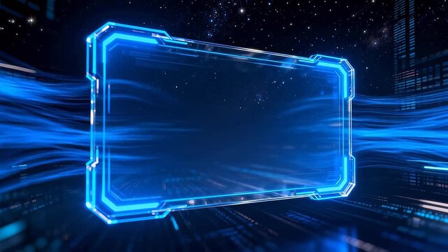 Holographic rectangular frame with glowing blue edges in futuristic city