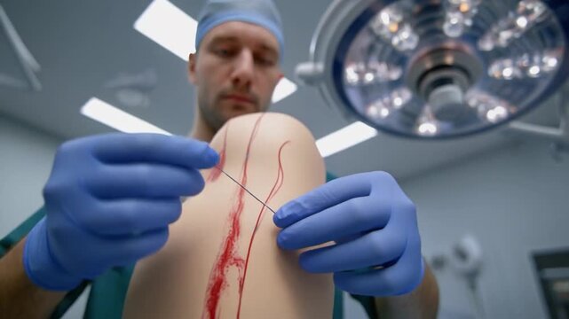 Surgeon stitching patient wound in hospital operating room