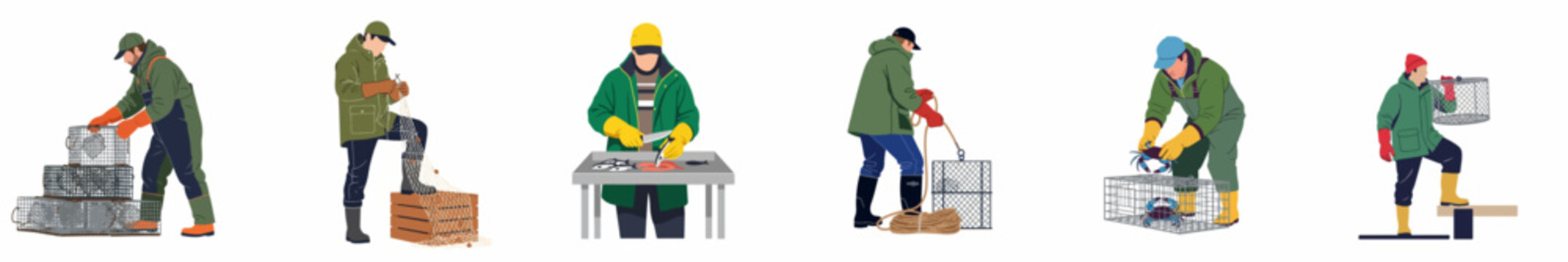 Flat vector illustration set of commercial fishermen engaged in various tasks like hauling crab traps, mending nets, and cleaning fresh fish.