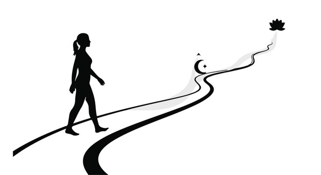 Woman walks along a path leading toward a lotus flower to represent spiritual enlightenment and personal growth.