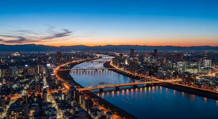 Fototapeta premium Modern City Skyline Over Waterway at Dusk or Dawn