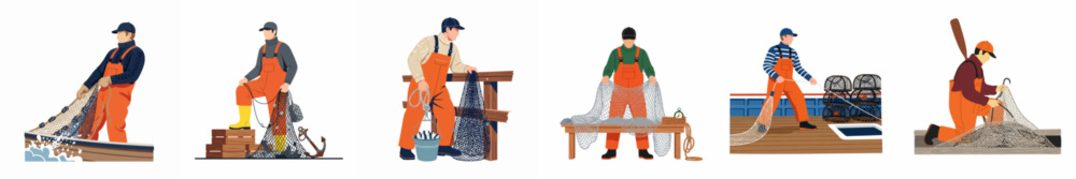 Professional fishermen set engaged in commercial fishing activities including hauling nets, sorting catch, and working on boat decks in flat vector style.