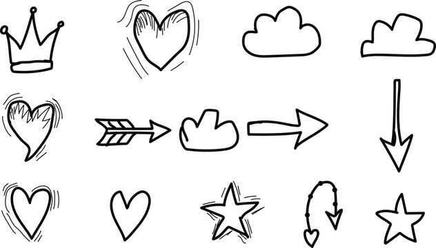 A collection of hand drawn doodle elements including hearts crowns stars and arrows on transparent background