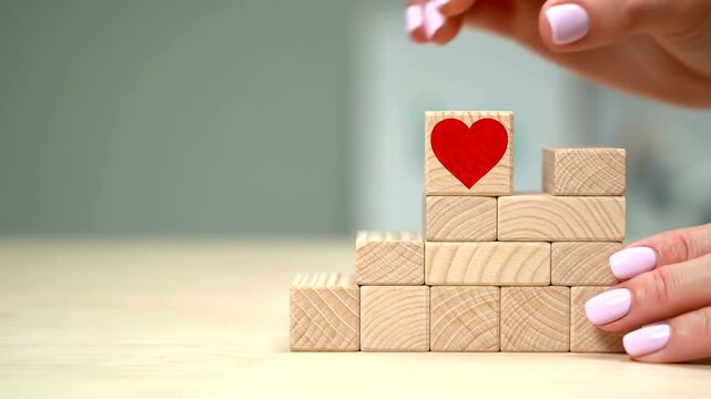 Gentle hands stack heart blocks building care and love.