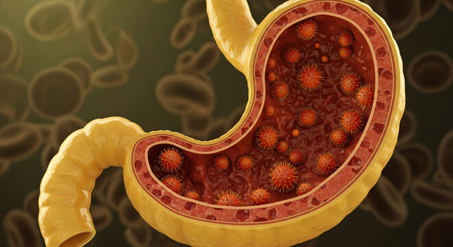 Human stomach cross section showing a viral infection attacking the internal lining