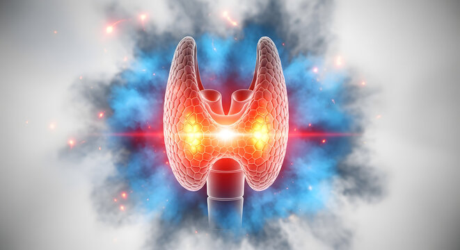 Human thyroid gland anatomy highlighted with an energetic central glow and vapor demonstrating physiological activity