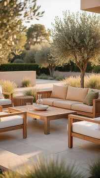 A serene backyard setting with outdoor furniture on a patio surrounded by trees and lush greenery.
