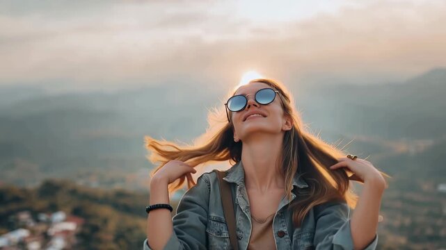 Cheerful woman creating heart shape with hands while enjoying scenic view during sunset on a mountain top
